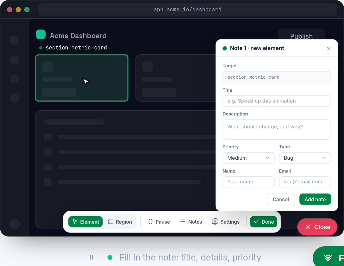 The Vynix toolbar captures an element or a dragged region without leaving the page.